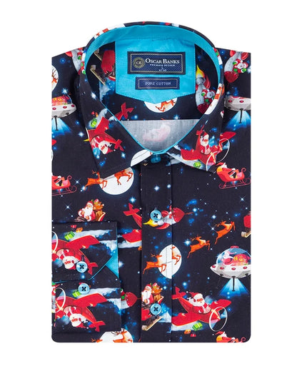 Festive Santa Space Adventure Print Shirt with Matching Handkerchief-Makrom