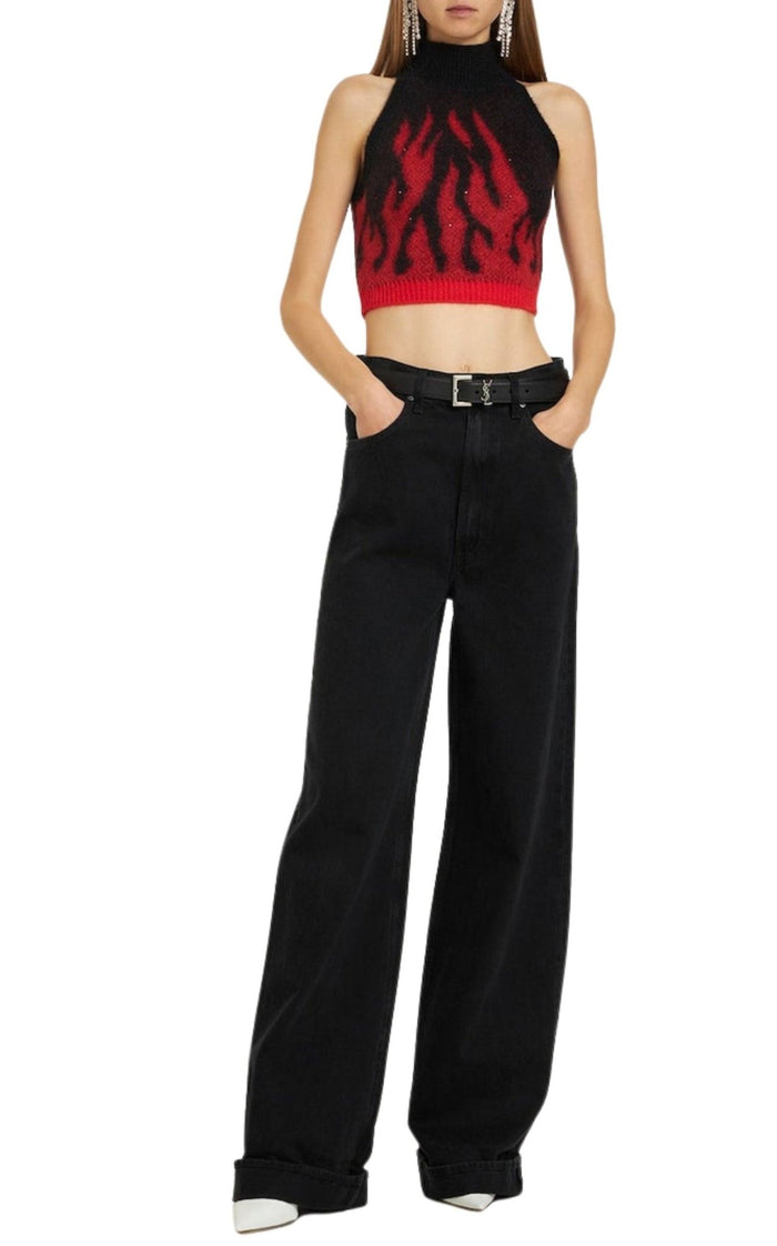 Alessandra Rich Flames Jacquard Knit Crop Top - Runway Catalog