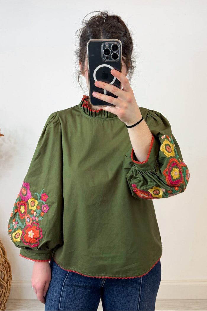 jodifl embroidered bubble sleeve olive fall top front
