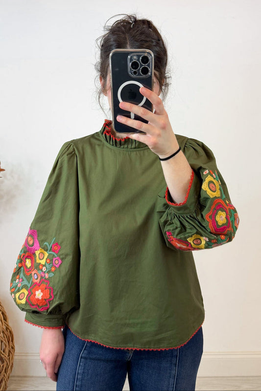 jodifl embroidered bubble sleeve olive fall top front