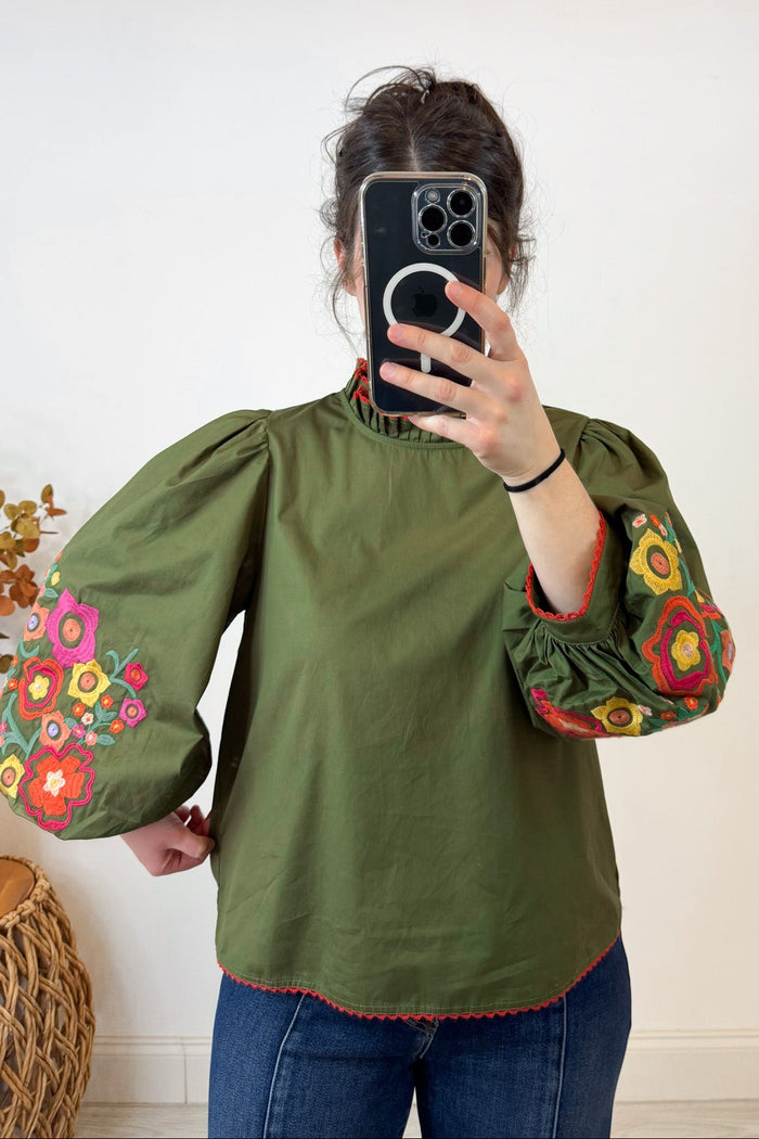 jodifl embroidered bubble sleeve olive fall top width