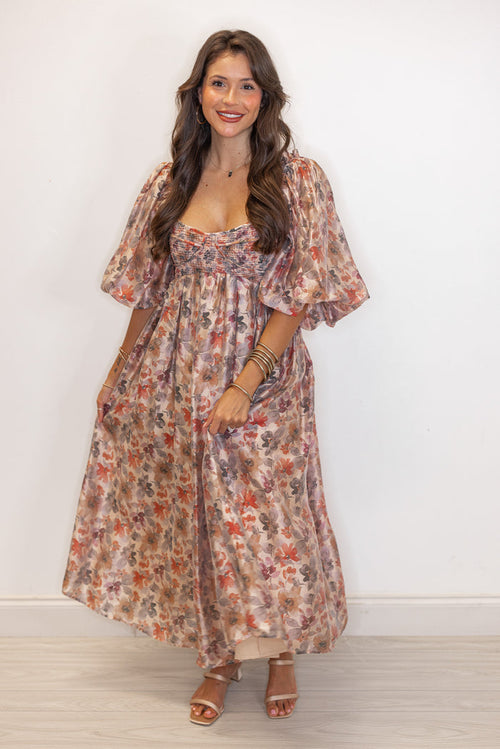 Women's champagne and multicolor floral chiffon midi dress with smocked bodice by Sofie the Label