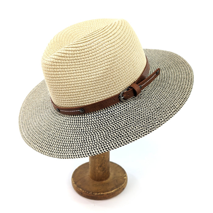 Folding Panama Style Travel Sun Hat - Mottled/Natural with Belt (57cm)