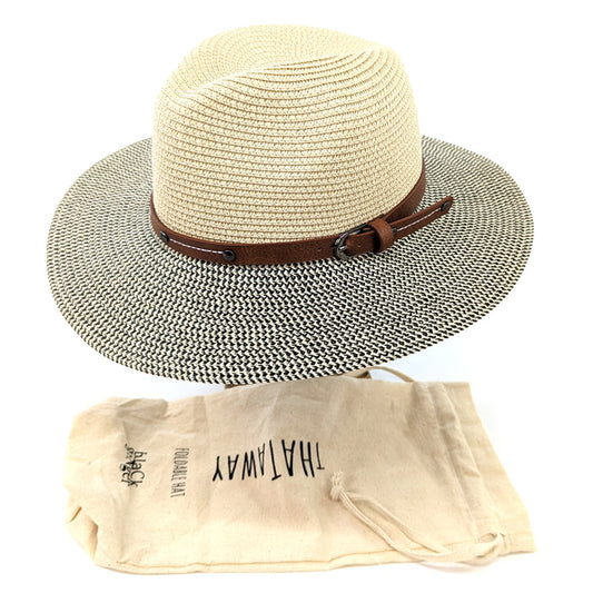 Folding Panama Style Travel Sun Hat - Mottled/Natural with Belt (57cm)