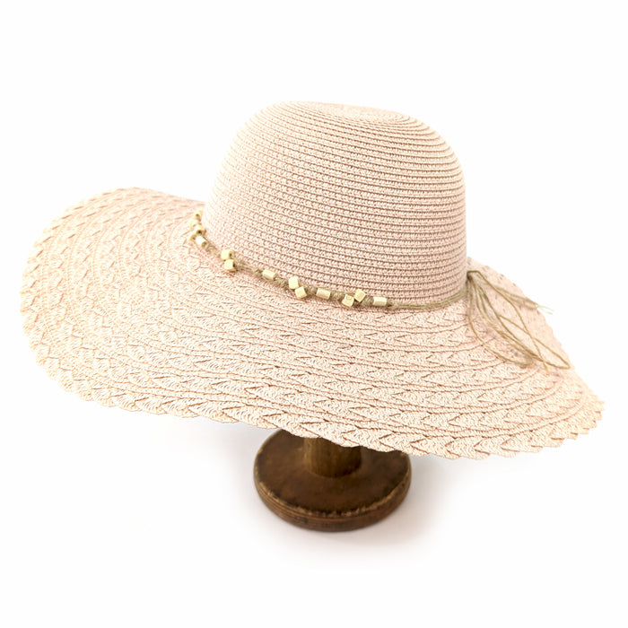 Folding Wide Brim Travel Sun Hat - Pink w/Beaded Band (59cm)