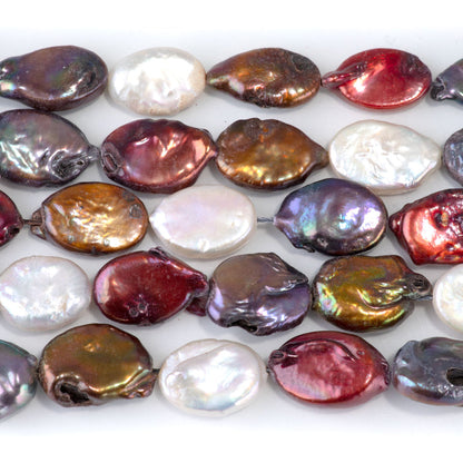 This is a Dakota Stones 14x15-17mm Freshwater Pearl Color Mix Flat Gemstone strand with oval beads in 15-16 inch strand.