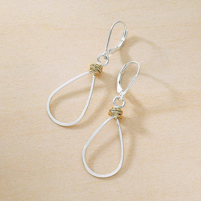 Gold Swirl Teardrop Earring Hammered Wire Sterling Silver