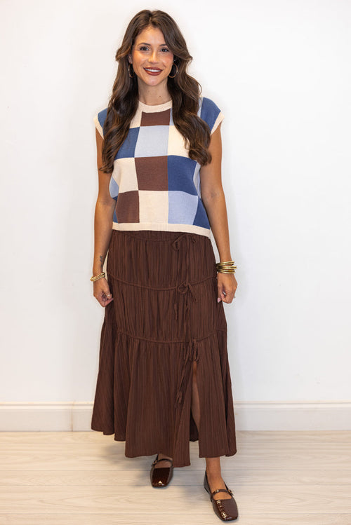 Women's pleated chocolate brown tiered midi skirt with bow ties down one side by In February