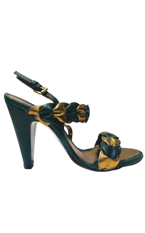 BCBGMAXAZRIA Green Gold Braided Leather Sandals - Runway Catalog