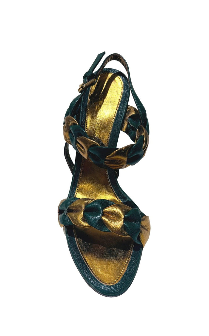 BCBGMAXAZRIA Green Gold Braided Leather Sandals - Runway Catalog