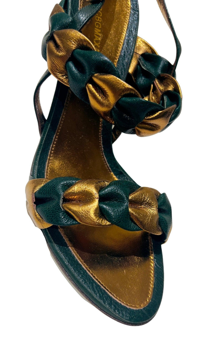 BCBGMAXAZRIA Green Gold Braided Leather Sandals - Runway Catalog