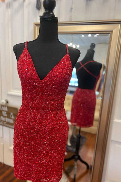 Green Sequin V-Neck Open Back Short Cocktail Dress