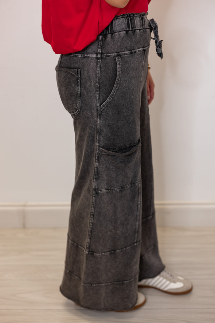easel faded black wide leg terry knit pants
