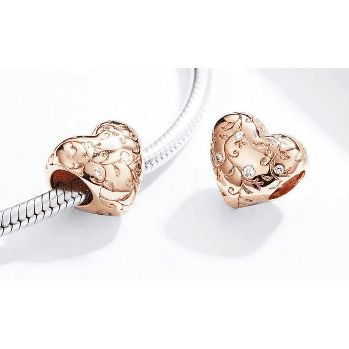 Heart - Shaped Retro Pattern Silver Beads - 925 Silver, Rose Gold Plated, Sparkling Zircon Accents - 1.1cm x 1.1cm - DiyCraftsProject