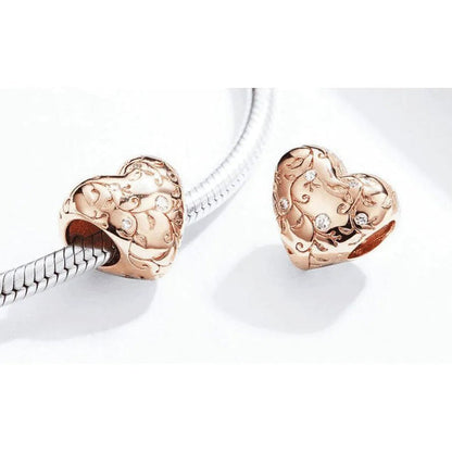 Heart - Shaped Retro Pattern Silver Beads - 925 Silver, Rose Gold Plated, Sparkling Zircon Accents - 1.1cm x 1.1cm - DiyCraftsProject
