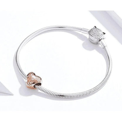 Heart - Shaped Retro Pattern Silver Beads - 925 Silver, Rose Gold Plated, Sparkling Zircon Accents - 1.1cm x 1.1cm - DiyCraftsProject