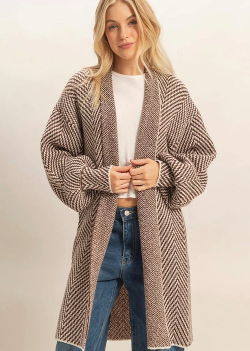 Women's brown and cream herringbone knit open front sweater cardigan by HYFVE
