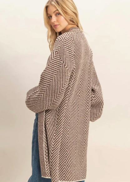 Women's brown and cream herringbone knit open front sweater cardigan by HYFVE showing back view