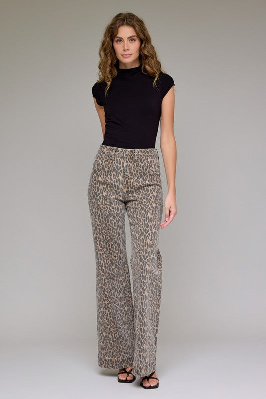 Hidden Jeans Happi comfort flare jeans in washed brown and black cheetah print showing full front view