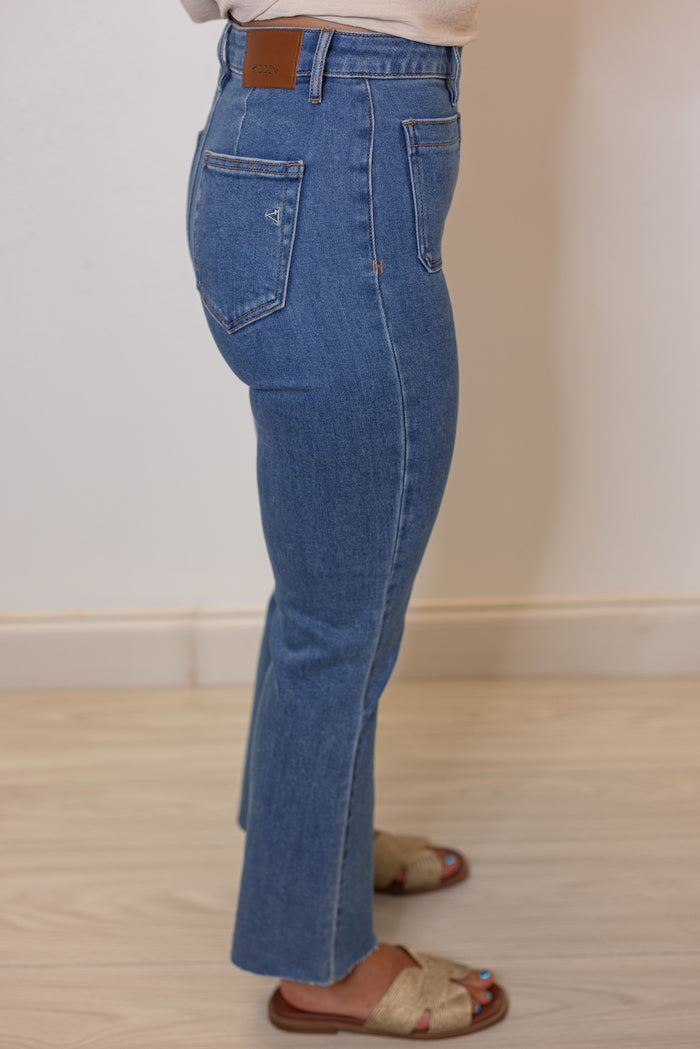 Hidden Jeans Happi crop flare jeans in medium dark denim showing side view