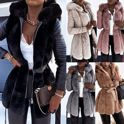 Women's faux fur coat color collage showing many outerwear options with hooded silhouettes for casual seasonal styling views.