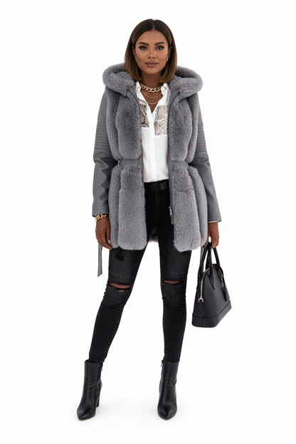 Gray women's faux fur coat with hood and waist belt shown from front for a clearer view of its longline outerwear silhouette.