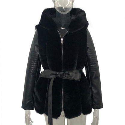 Gray hooded faux fur coat shown front-facing with zip closure, longline hem and hood for clear women's outerwear view detail.