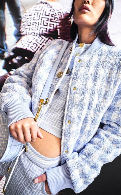 Balmain Houndstooth Cotton - blend Tweed Bomber Jacket - Runway Catalog