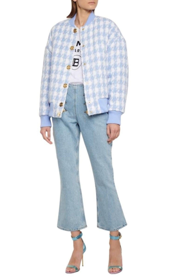 Balmain Houndstooth Cotton - blend Tweed Bomber Jacket - Runway Catalog
