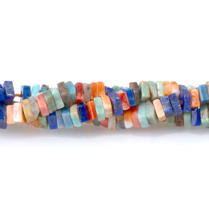This is a Dakota Stones 1-2x3mm Hubei Turquoise Lapis Spiny Oyster Gemstone strand with AAA grade beads in 15-16 inch strand.