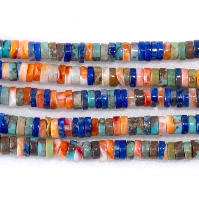 This is a Dakota Stones 2x3mm Hubei Turquoise Lapis Spiny Oyster Gemstone strand with AAA grade heishi beads in 15-16 inch strand.