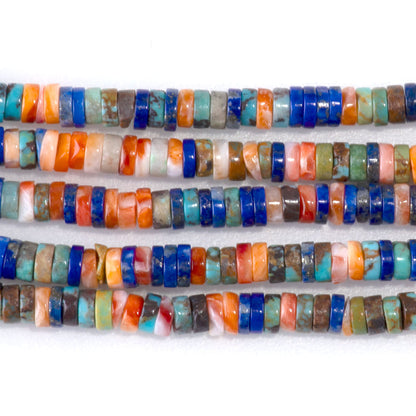 This is a Dakota Stones 2x3mm Hubei Turquoise Lapis Spiny Oyster Gemstone strand with AAA grade heishi beads in 15-16 inch strand.