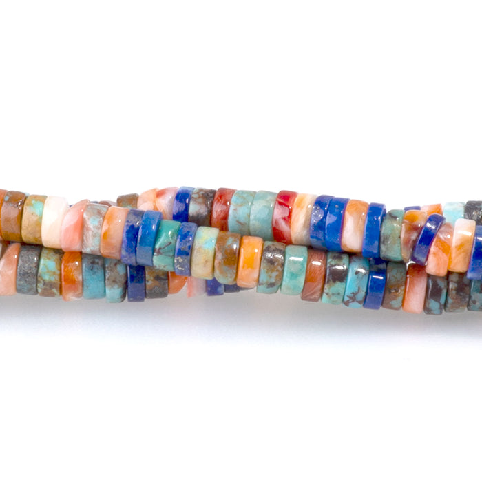 This is a Dakota Stones 2x3mm Hubei Turquoise Lapis Spiny Oyster Gemstone strand with AAA grade heishi beads in 15-16 inch strand.