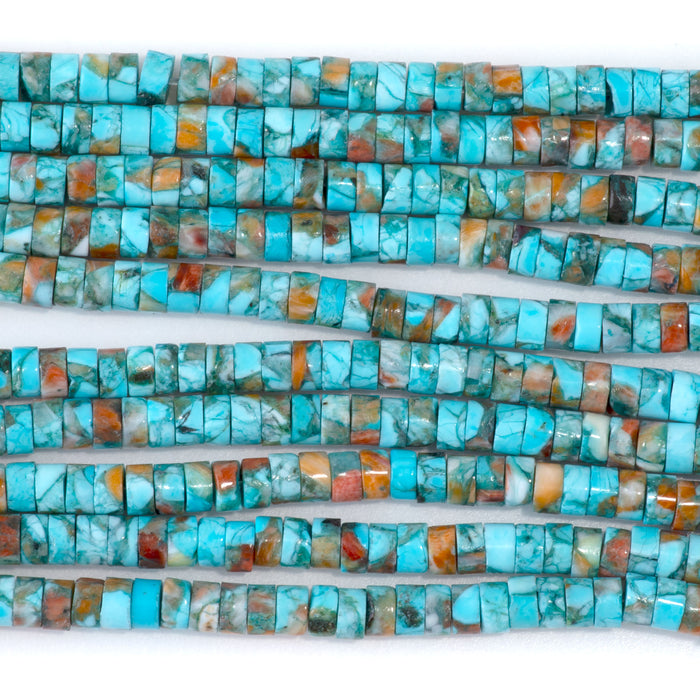 This is a Dakota Stones 4mm Hubei Turquoise Spiny Oyster Compressed Gemstone strand with heishi beads in 15-16 inch strand.