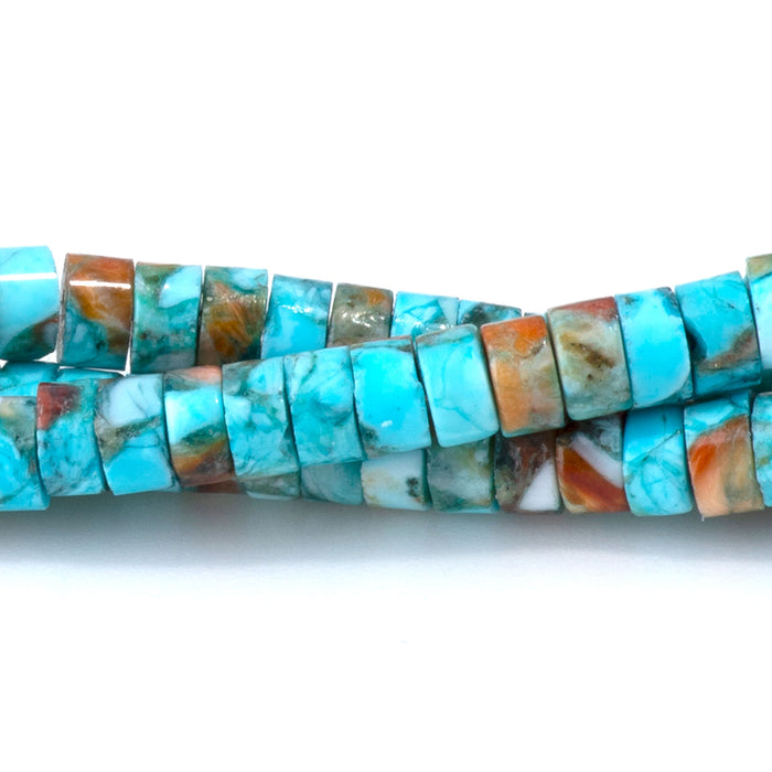 This is a Dakota Stones 4mm Hubei Turquoise Spiny Oyster Compressed Gemstone strand with heishi beads in 15-16 inch strand.