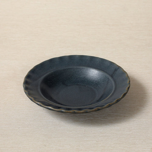Indigo glaze stoneware rim soup or pasta bowl with fluted edge