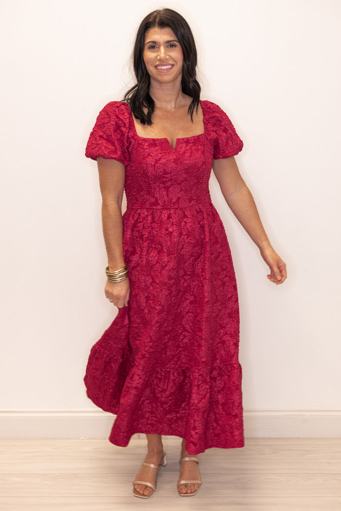 Jacie Jacquard Burgundy Midi Dress