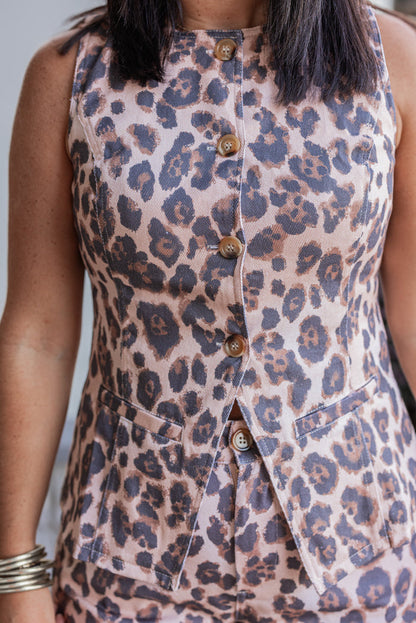 Women's black, brown and tan leopard print button front denim vest by Karlie showing up close front view