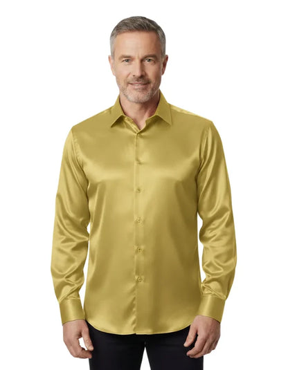 Khaki Shiny Plain Satin Classic Men’s Shirt-Makrom