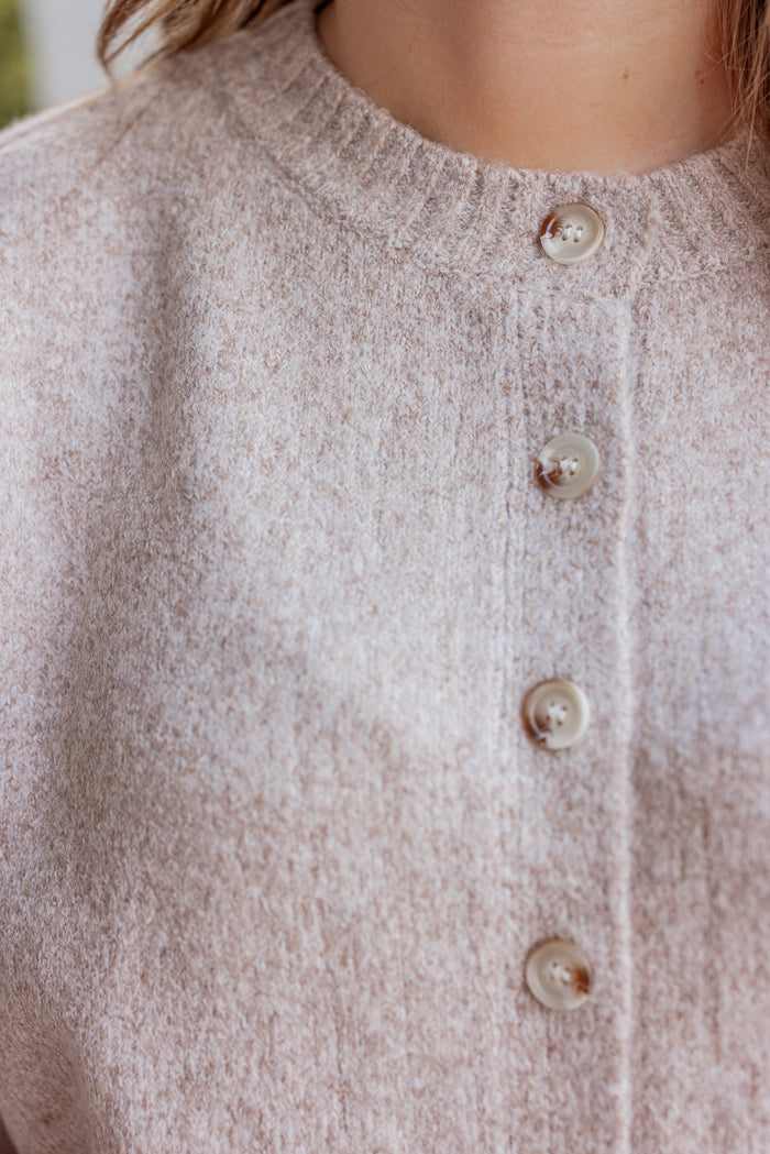Women's mocha brown brushed knit button front top by Wishlist showing up close view of button front closures