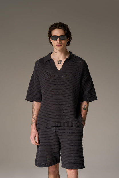 KNITTED POLO SHIRT - CHARCOAL