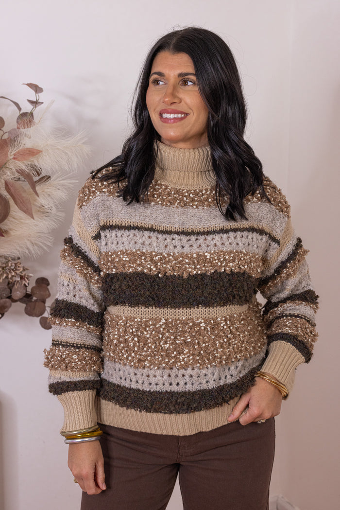 Women's textured taupe, brown and mocha striped sweater in knotted knit by Mustard Seed