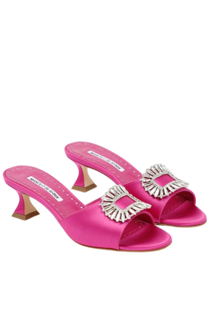 MANOLO BLAHNIK Laalita Crystal Satin Mules - Runway Catalog