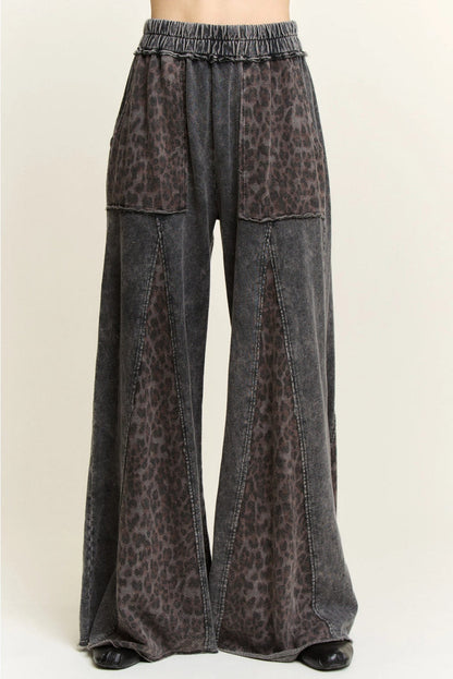 black leopard print flare wide leg comfy knit pants full