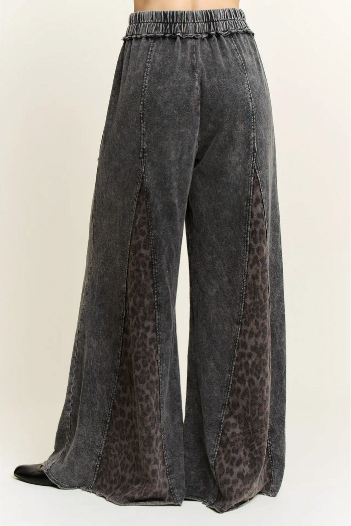 black leopard print flare wide leg comfy knit pants back