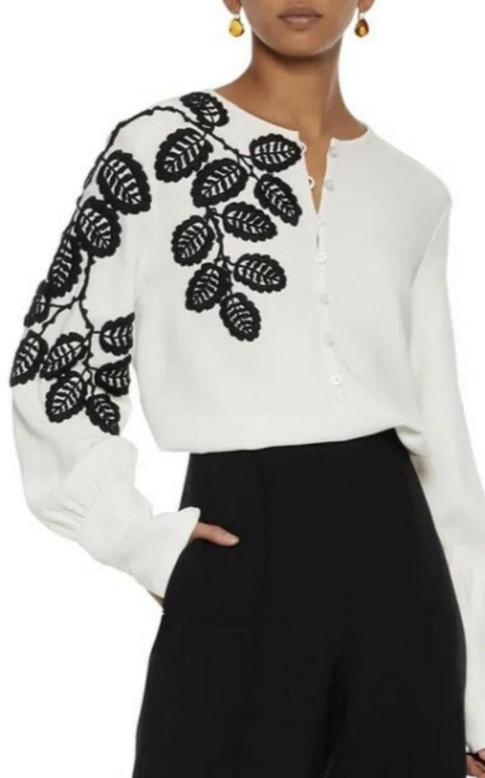 Oscar de la Renta Leaf Embroidered Silk Blouse - Runway Catalog