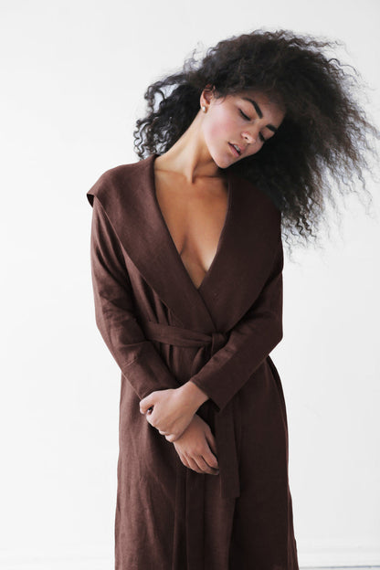 Linen Bathrobe CALLA with a hood in Brown