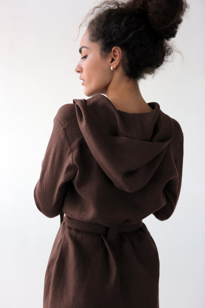 Linen Bathrobe CALLA with a hood in Brown
