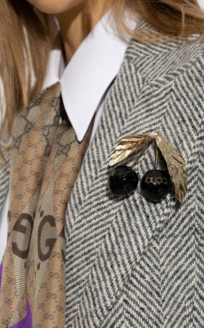 Gucci Logo - print Enamel Cherry Brooch - Runway Catalog