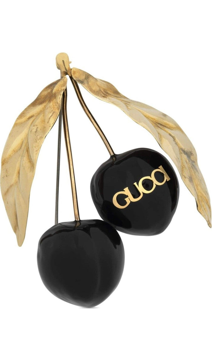Gucci Logo - print Enamel Cherry Brooch - Runway Catalog